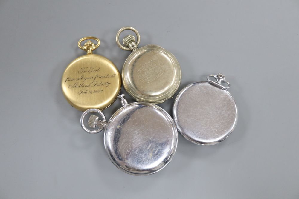 A chrome cased Omega stopwatch and three assorted pocket watches.
